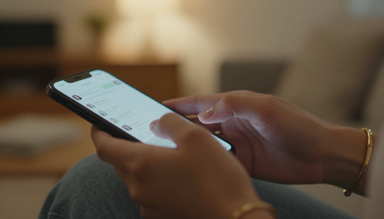 Close-up of woman's hands with gold bracelet typing private message on smartphone