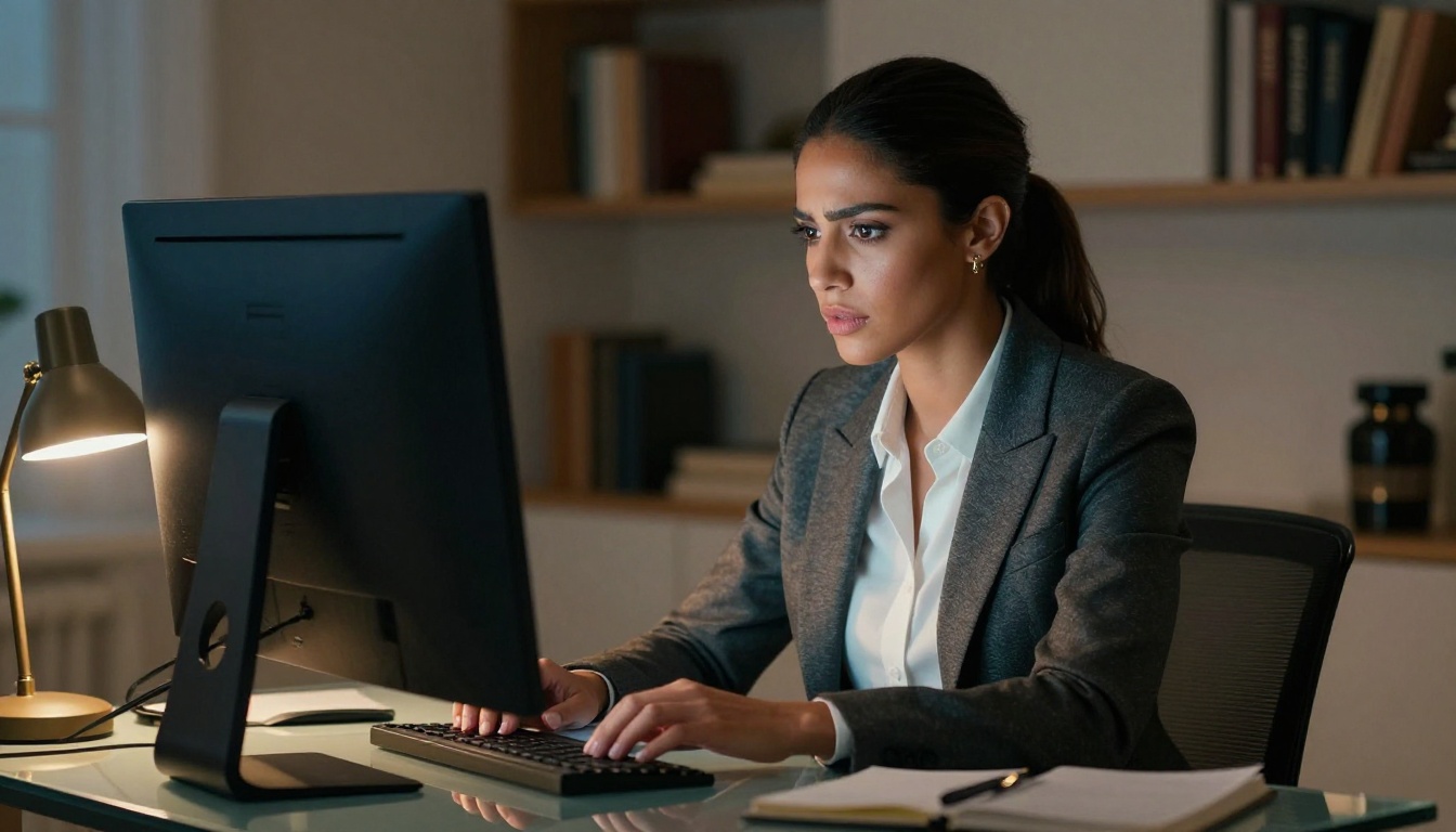Middle Eastern woman working at professional home office desk with monitor glow