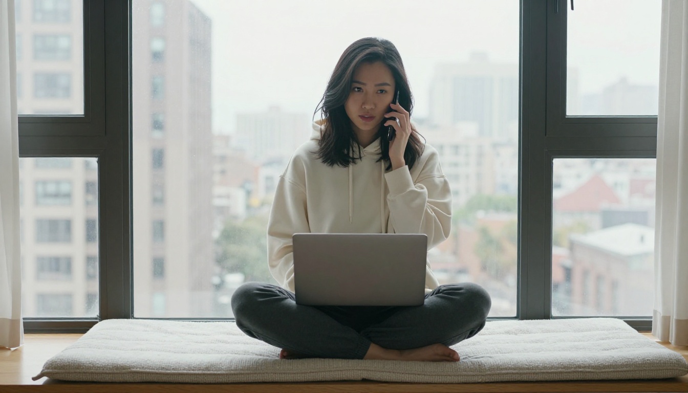 Southeast Asian woman cross-legged on window seat with laptop and phone in cozy apartment