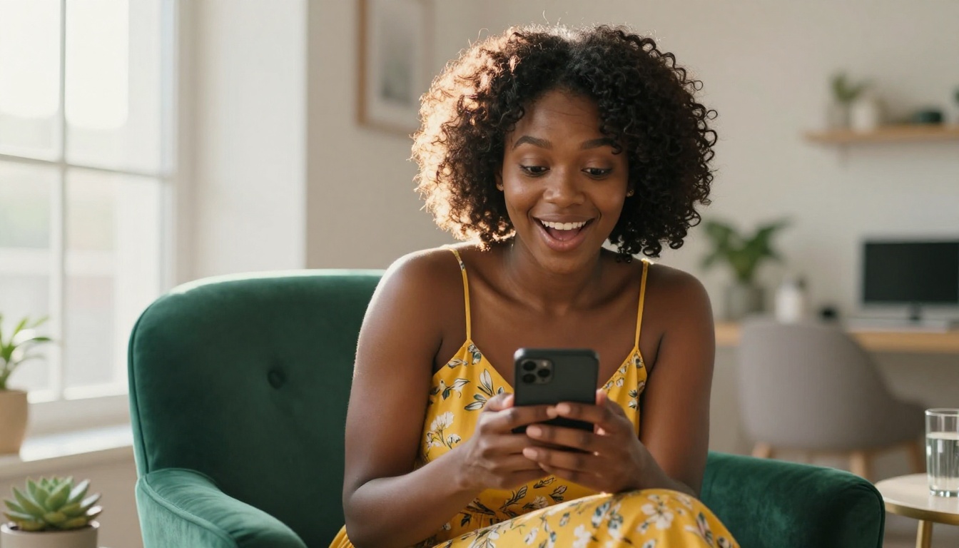 African woman smiling at phone while sitting on velvet emerald chair in bright apartment