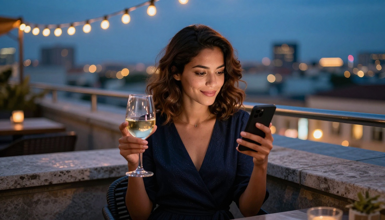 Woman on rooftop terrace at dusk holding wine glass and phone with city lights behind