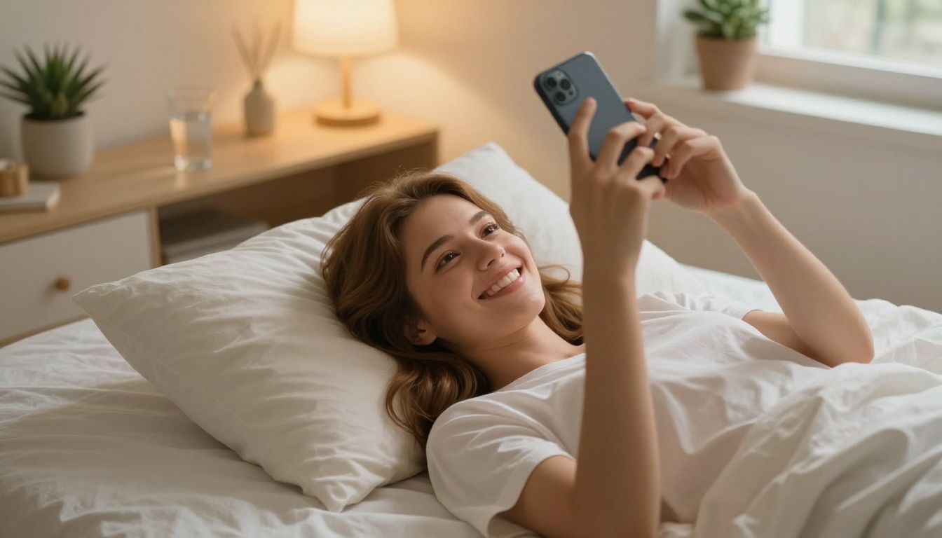 Woman smiling at her phone while relaxing on a cozy white linen bed