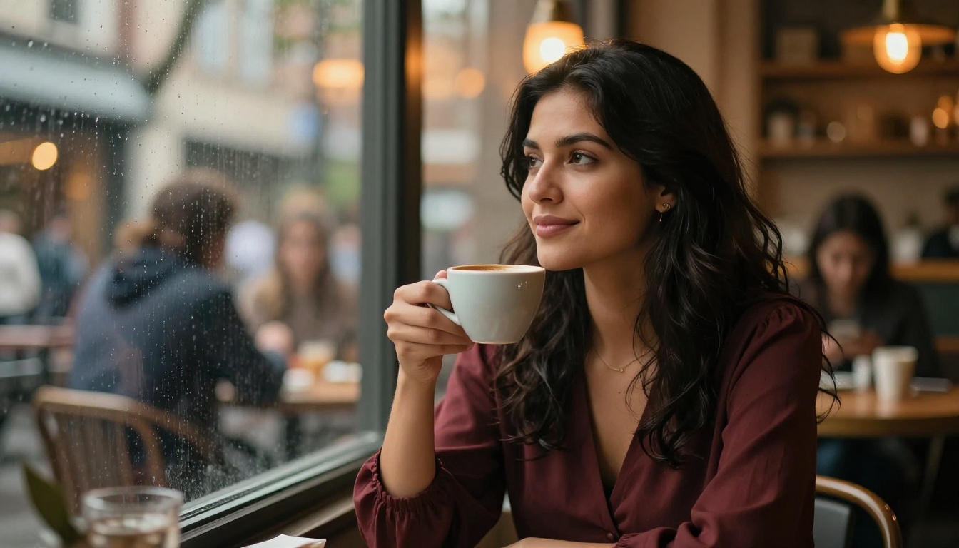 Beautiful Latina woman holding an espresso cup in a warm amber-lit cafe