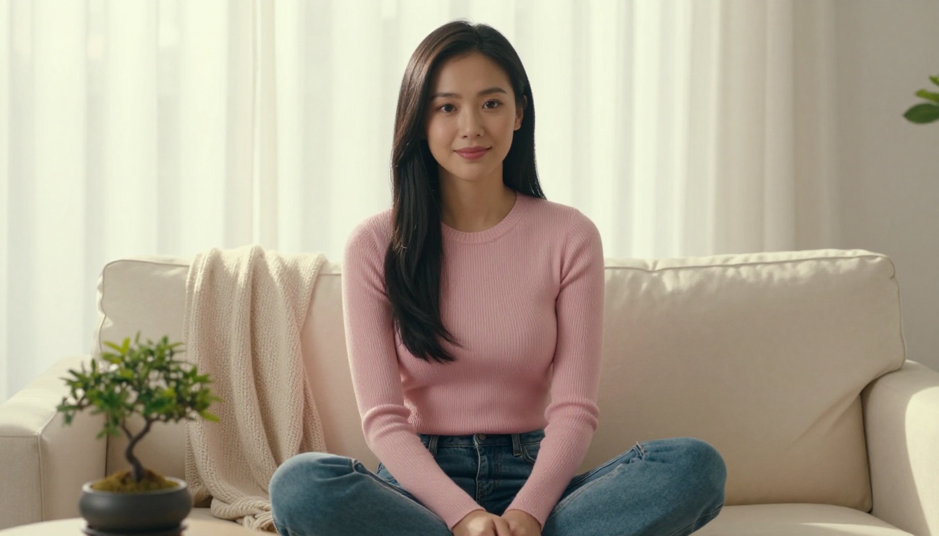 East Asian woman with long black hair sitting on a cream sofa in warm afternoon light