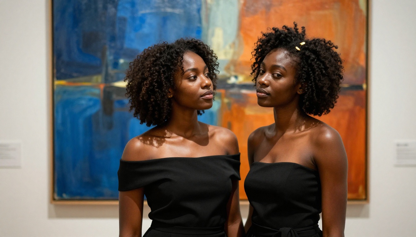 African American woman in an off-shoulder dress standing before an abstract painting in a gallery