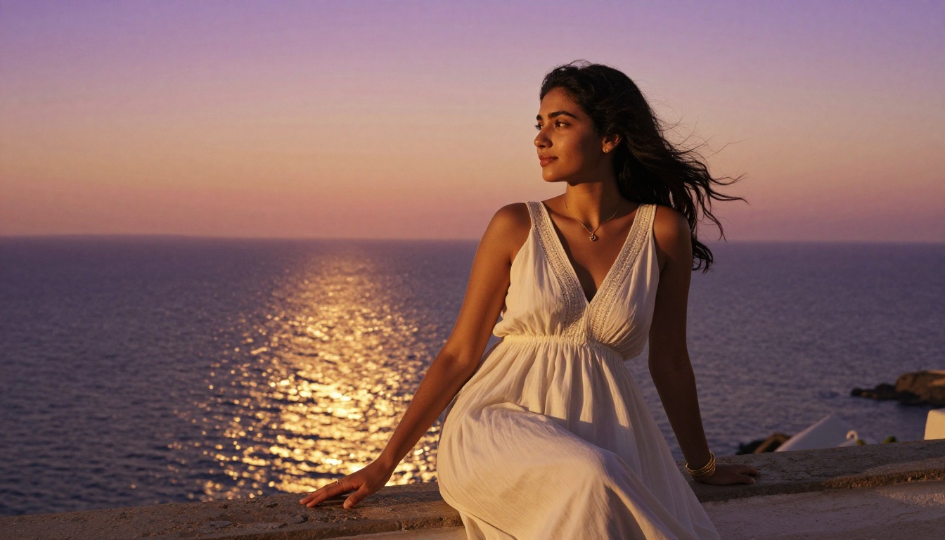 Middle Eastern woman in a flowing ivory dress on a Mediterranean terrace at golden sunset