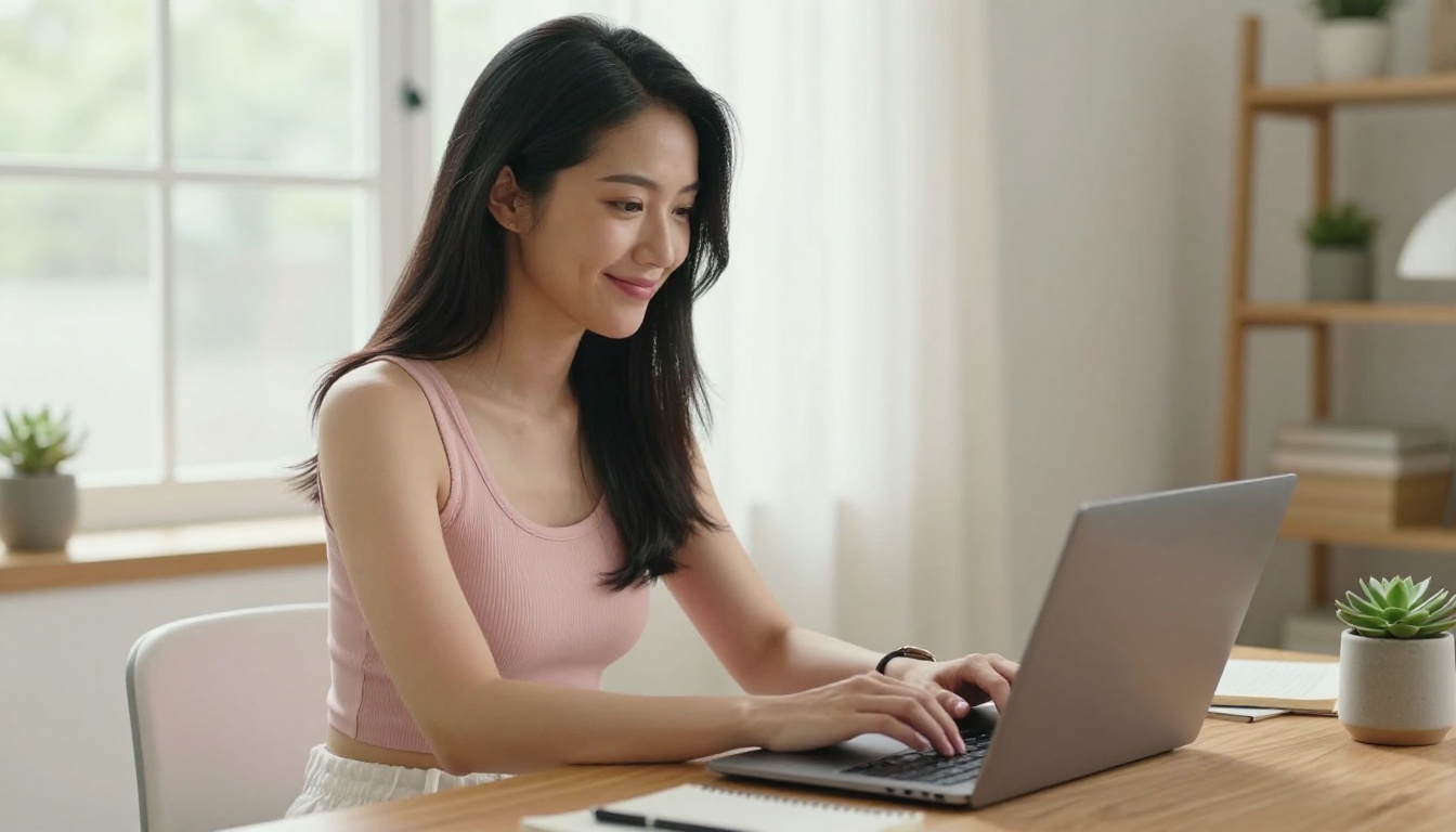 Woman smiling while using her phone in a cozy apartment