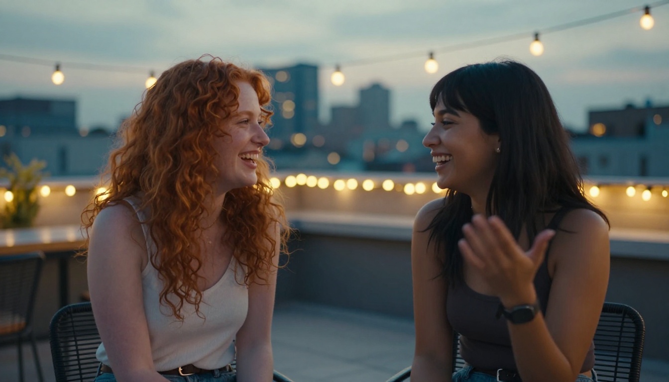 Two women of different ethnicities laughing together on a rooftop with string lights and a city skyline at dusk