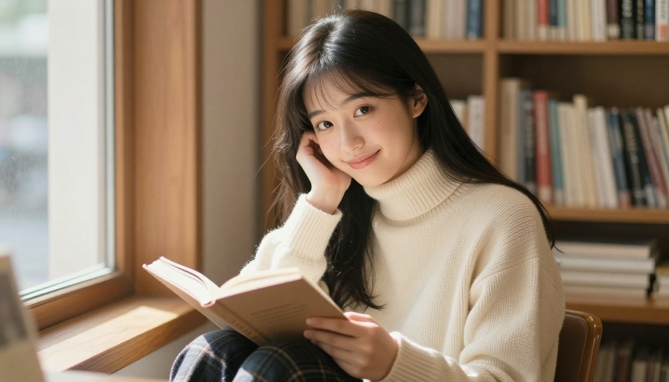 Japanese woman with long silky black hair looking up from a book in a cozy warmly lit bookshop