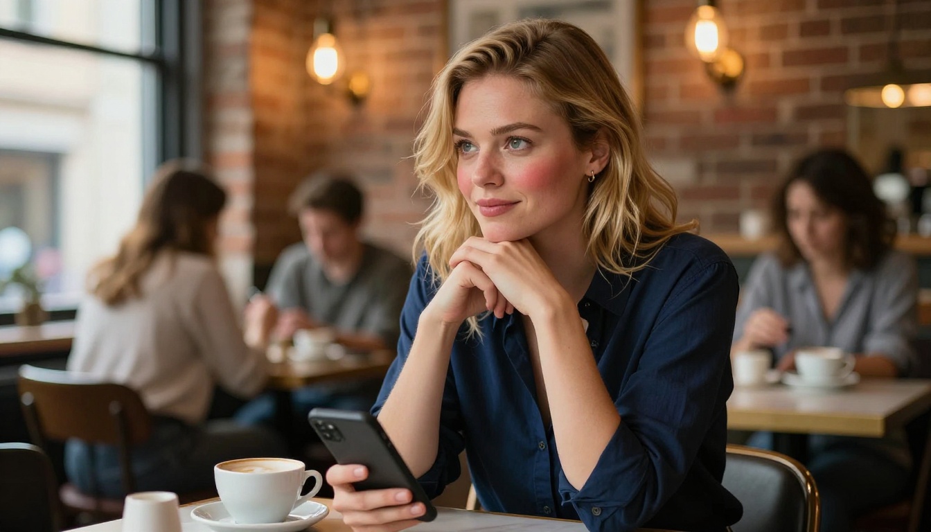 European woman looking thoughtfully at her phone in a cafe