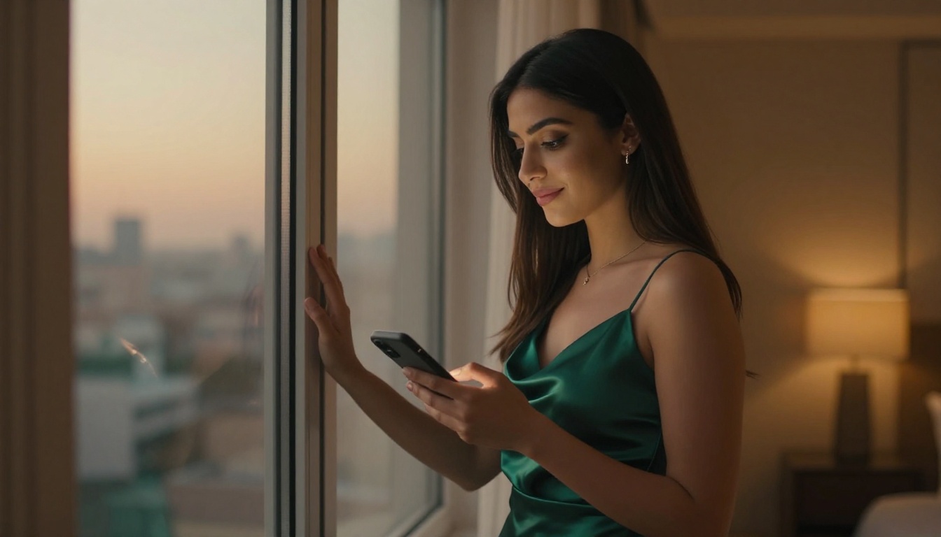 Elegant Middle Eastern woman standing by apartment window at dusk