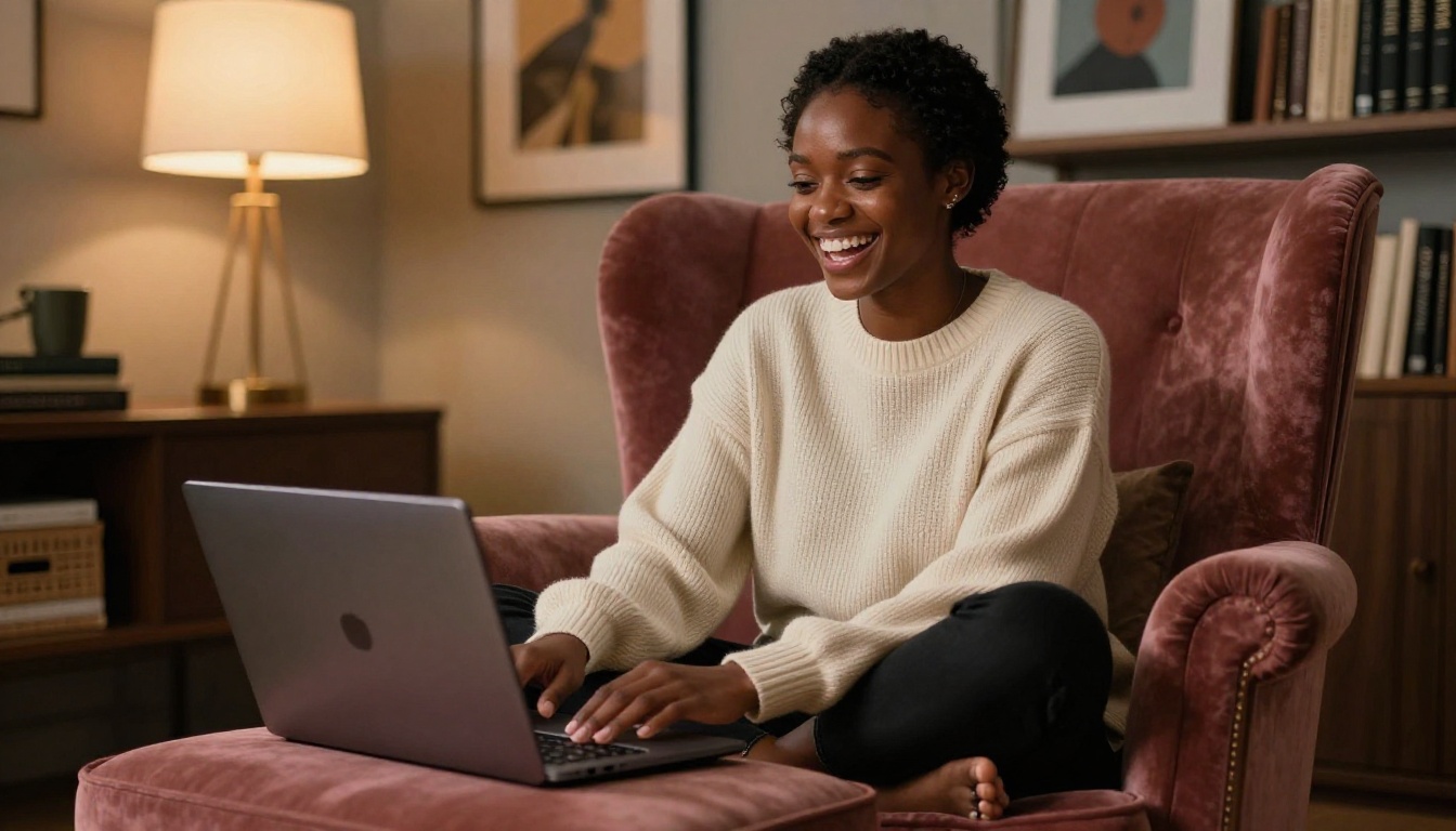 Black woman laughing naturally at her laptop while sitting in an armchair