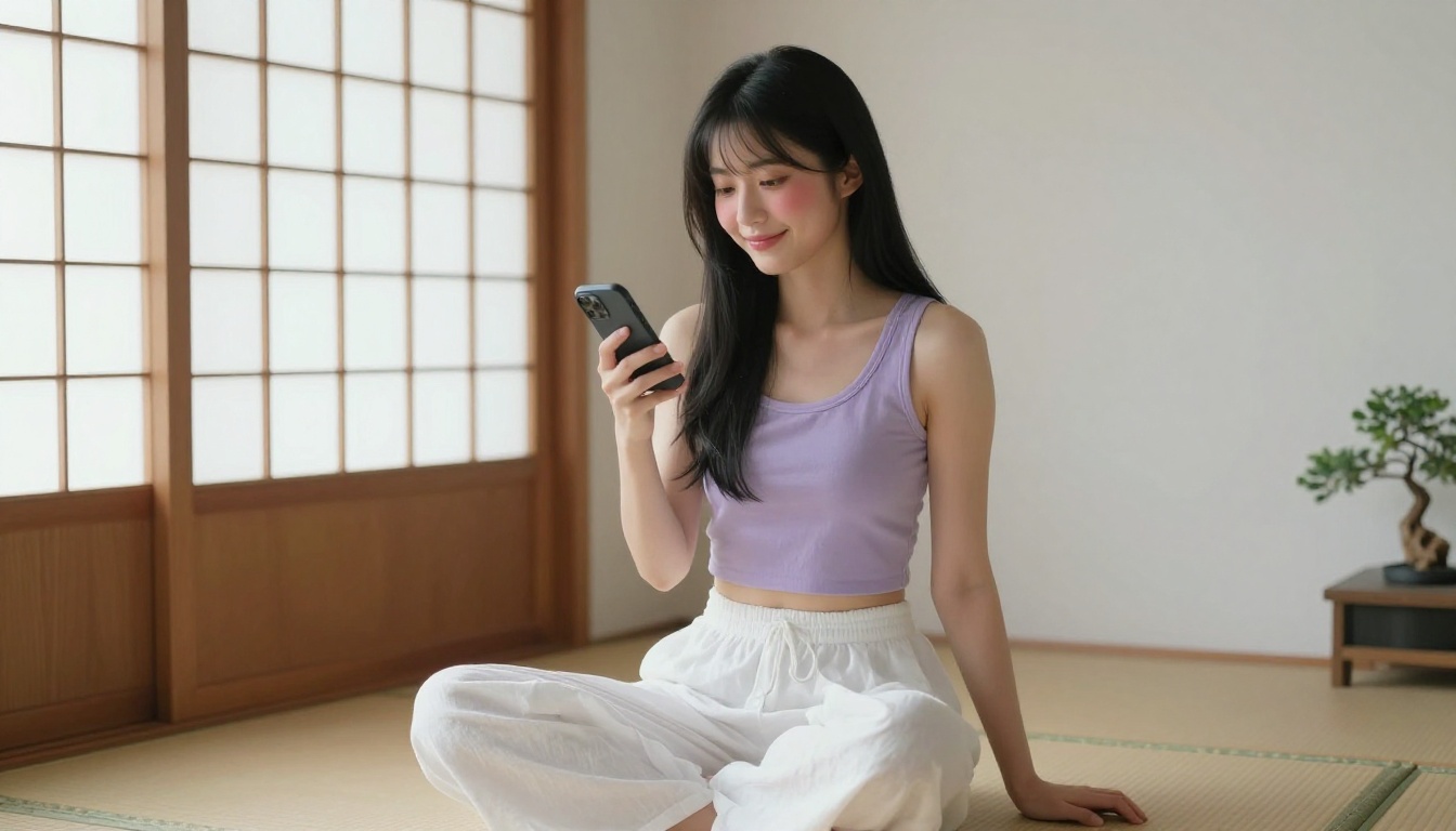 Japanese woman sitting on a floor cushion in a serene minimalist bedroom