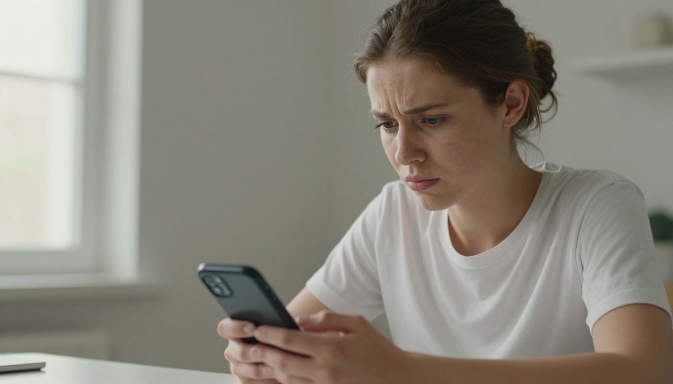 Woman looking disappointed at her outdated smartphone Woman looking disappointed at her outdated smartphone
