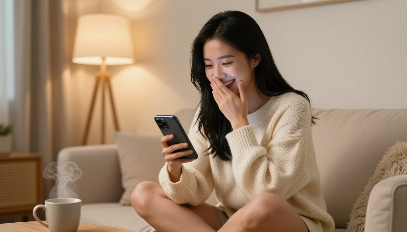 Beautiful Asian woman laughing joyfully at her smartphone on a cozy couch Beautiful Asian woman laughing joyfully at her smartphone on a cozy couch
