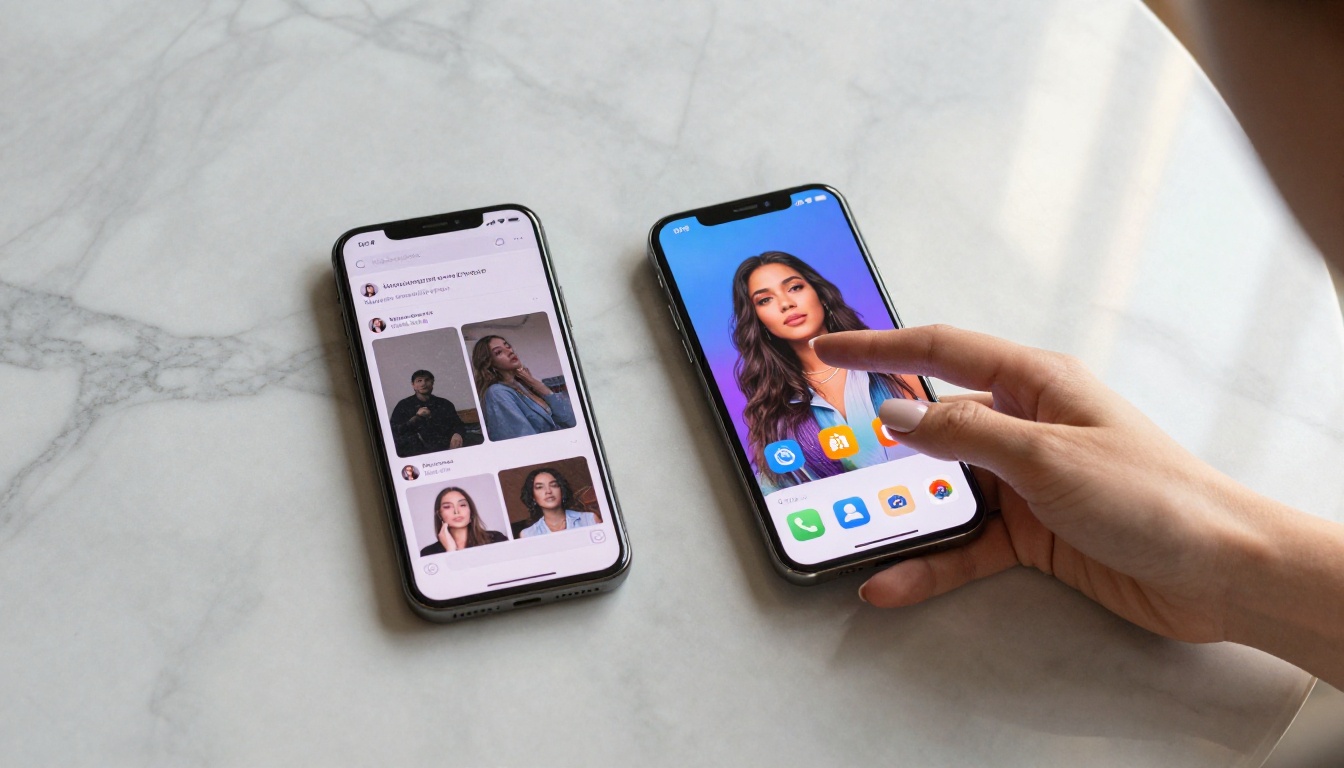 Two smartphones compared on marble surface, one outdated one modern AI app Two smartphones compared on marble surface, one outdated one modern AI app