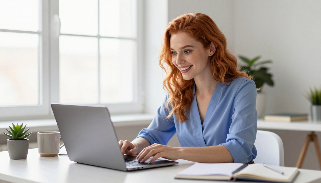 European woman smiling warmly and genuinely during an engaging video call on her laptop European woman smiling warmly and genuinely during an engaging video call on her laptop