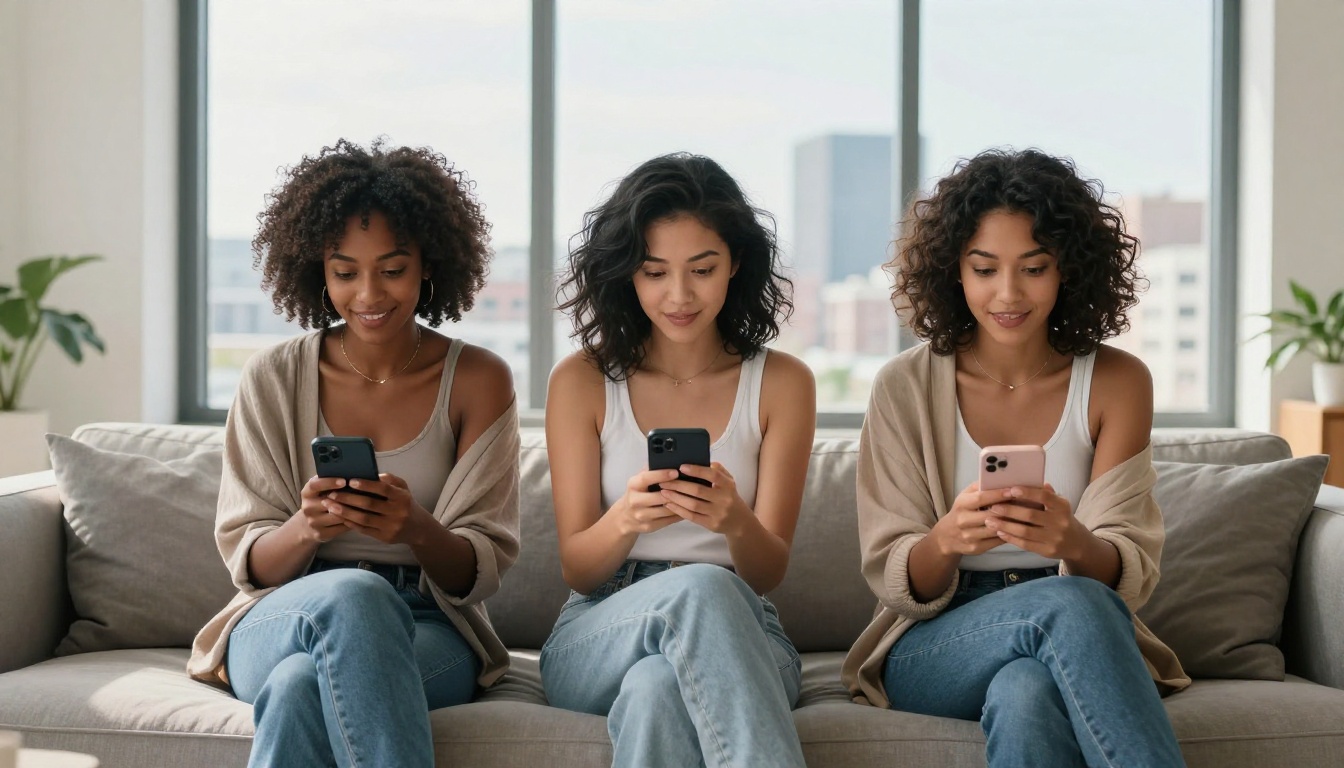 Three diverse beautiful women from different backgrounds enjoying their smartphones on a modern sofa Three diverse beautiful women from different backgrounds enjoying their smartphones on a modern sofa