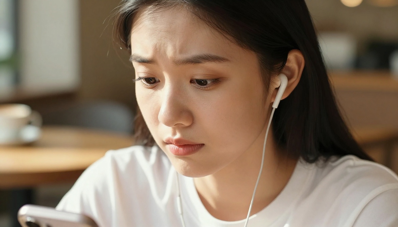 A beautiful Asian woman with wireless earbuds at a sunlit cafe, expression shifting from hopeful to mildly disappointed as she listens to AI voice playback on her phone