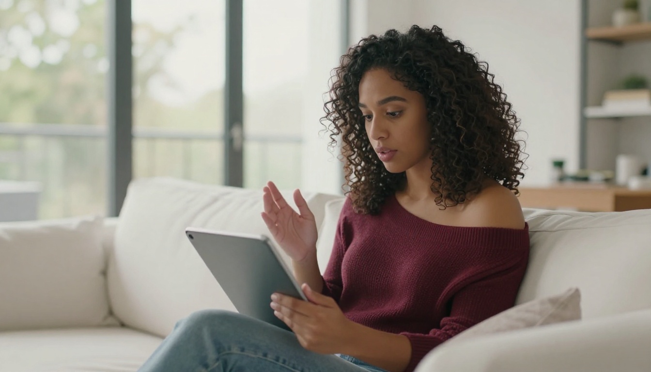 A Latina woman in her mid-20s examining a tablet screen with analytical curiosity on a white sofa, soft volumetric afternoon sunlight through large windows