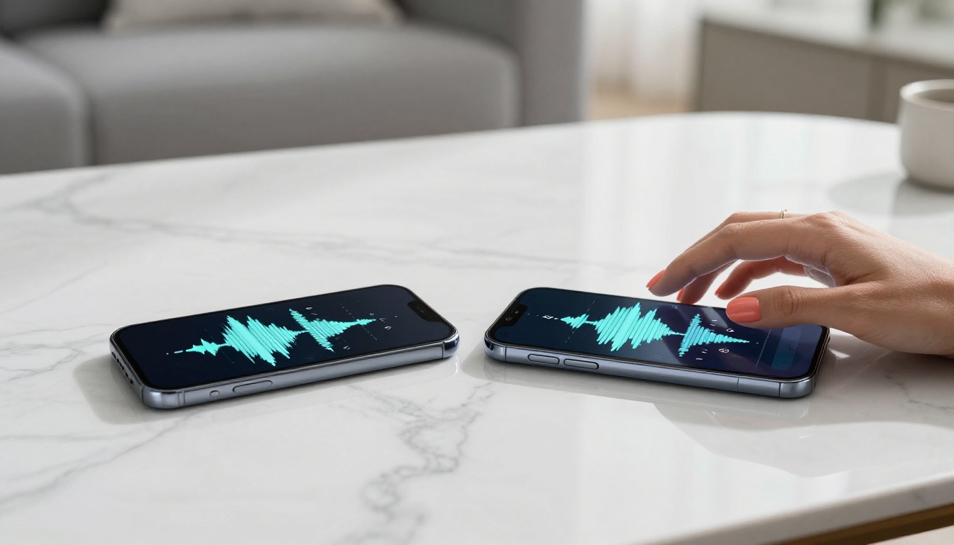Two sleek smartphones on a polished marble table displaying audio waveform visualizations, a woman's hand with coral-painted nails reaching toward one device