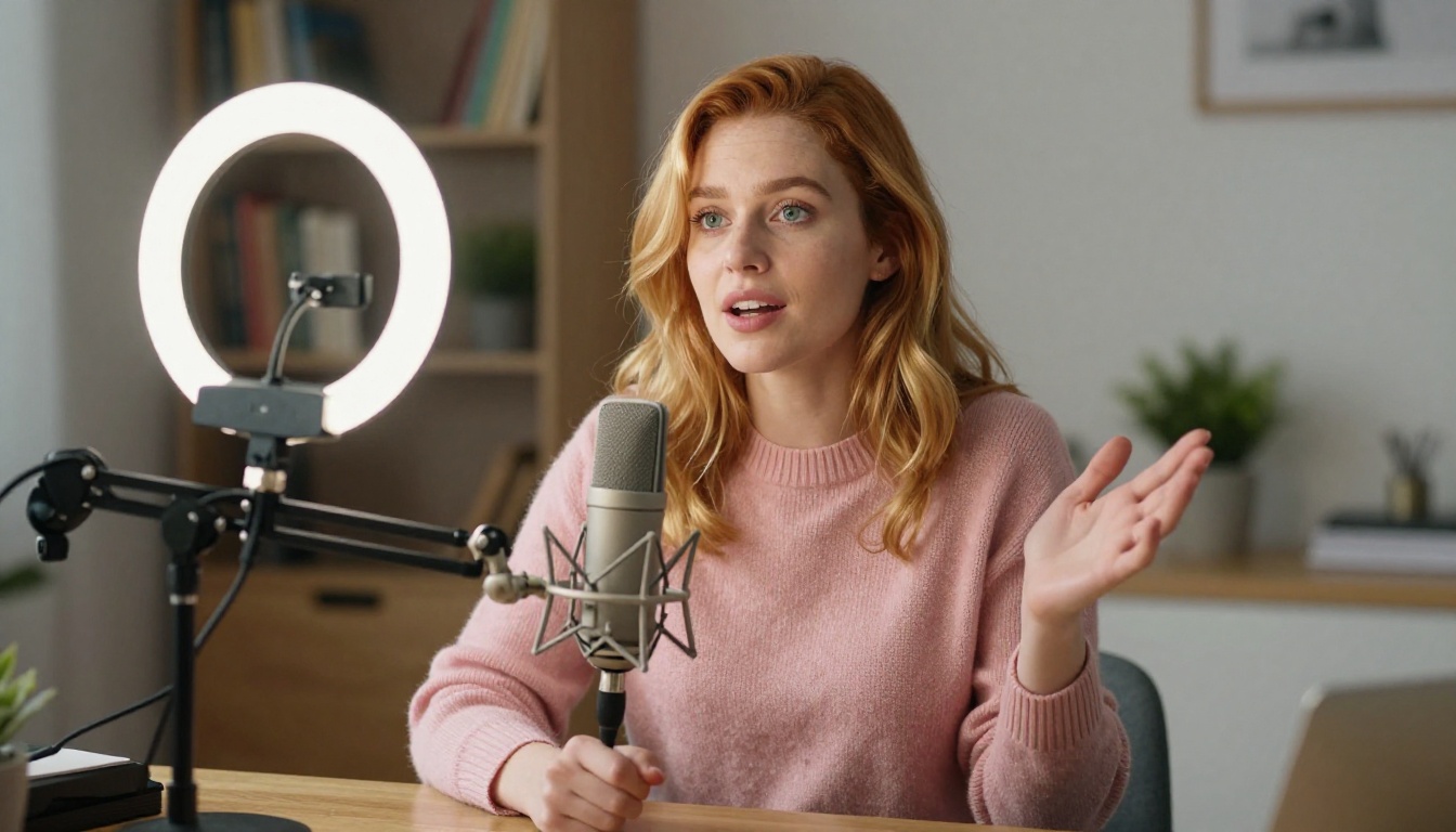 A European woman with strawberry blonde hair speaking expressively into a professional condenser microphone at her home desk, warm ring light illumination