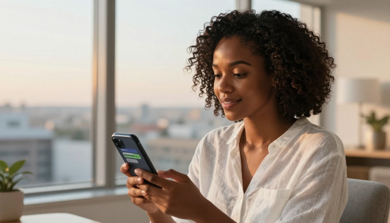 An African American woman in a white linen blouse holding a smartphone with a voice message interface, warm golden hour cityscape light from floor-to-ceiling windows