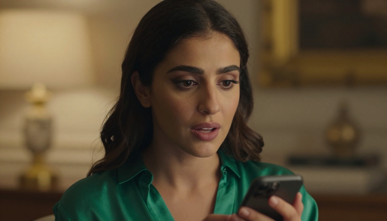 A Middle Eastern woman with expressive dark eyes and a luxurious emerald green silk blouse, lips parted in genuine emotional expression while holding a phone, warm bokeh apartment background