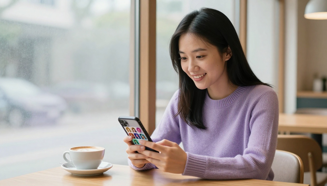 A young Asian woman with glossy black hair and a bright dimpled smile, browsing AI character profiles on her phone at a minimalist Scandinavian cafe, morning diffused daylight