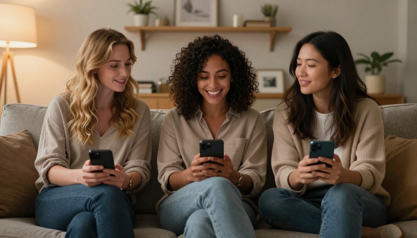 Three diverse women friends on a comfortable sofa comparing smartphones with amused and curious expressions, warm ambient living room lighting, natural fabric textures