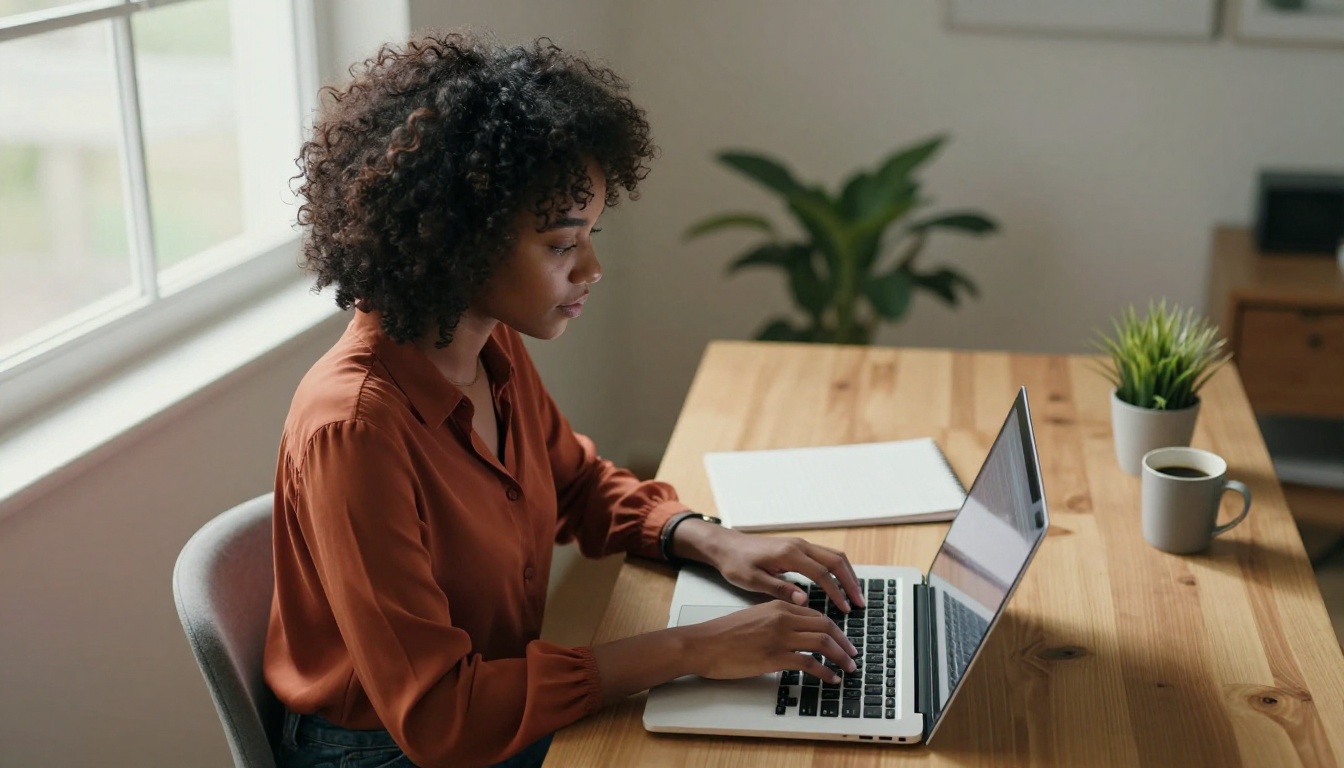 Woman typing on laptop at desk Woman typing on laptop at desk