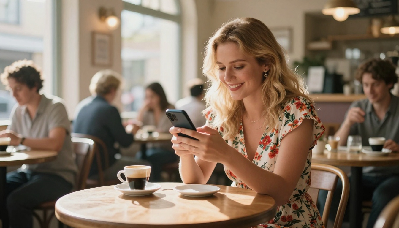 Woman in a café laughing at her phone Woman in a café laughing at her phone