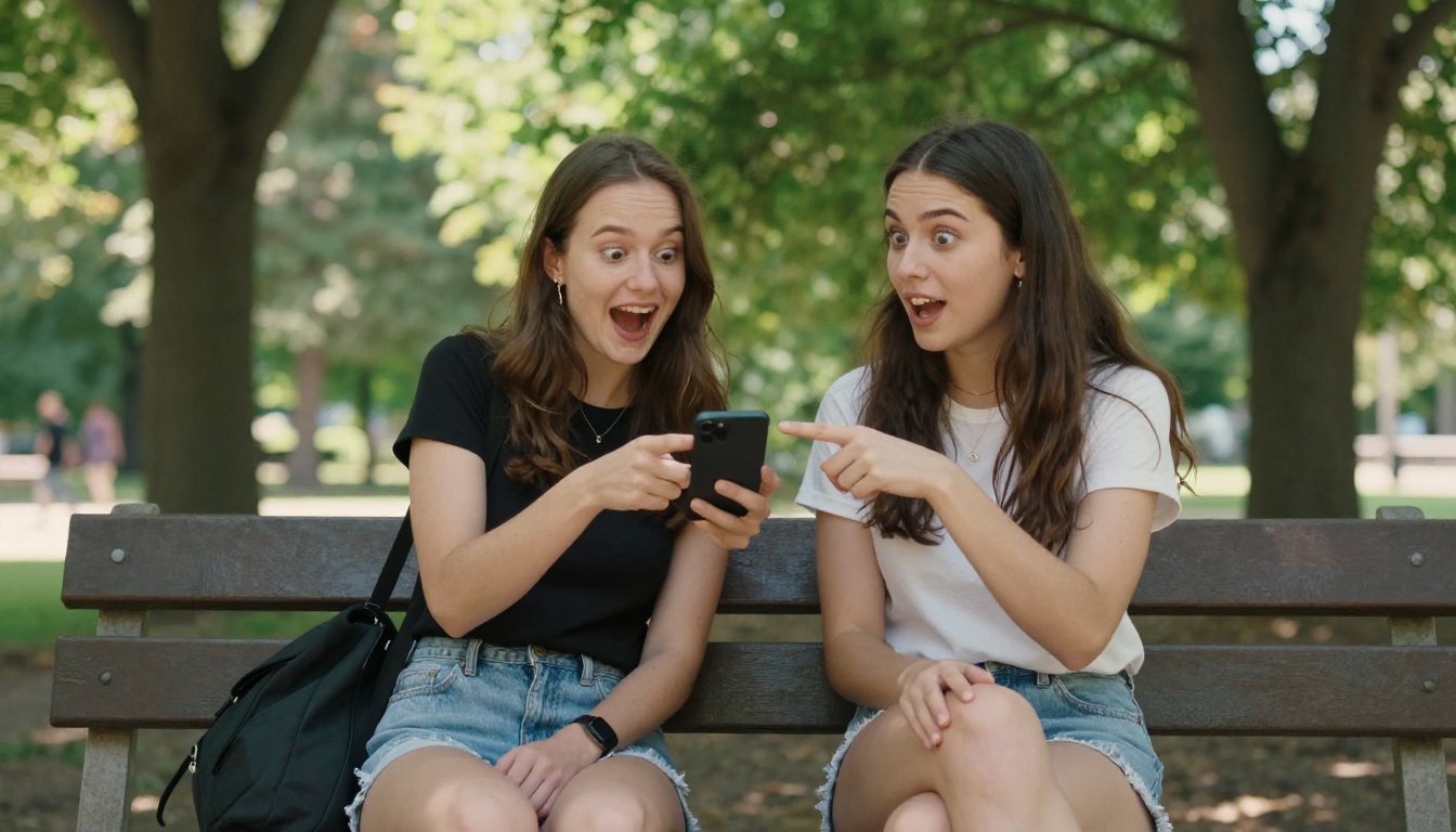 Two women sharing a phone screen and laughing Two women sharing a phone screen and laughing