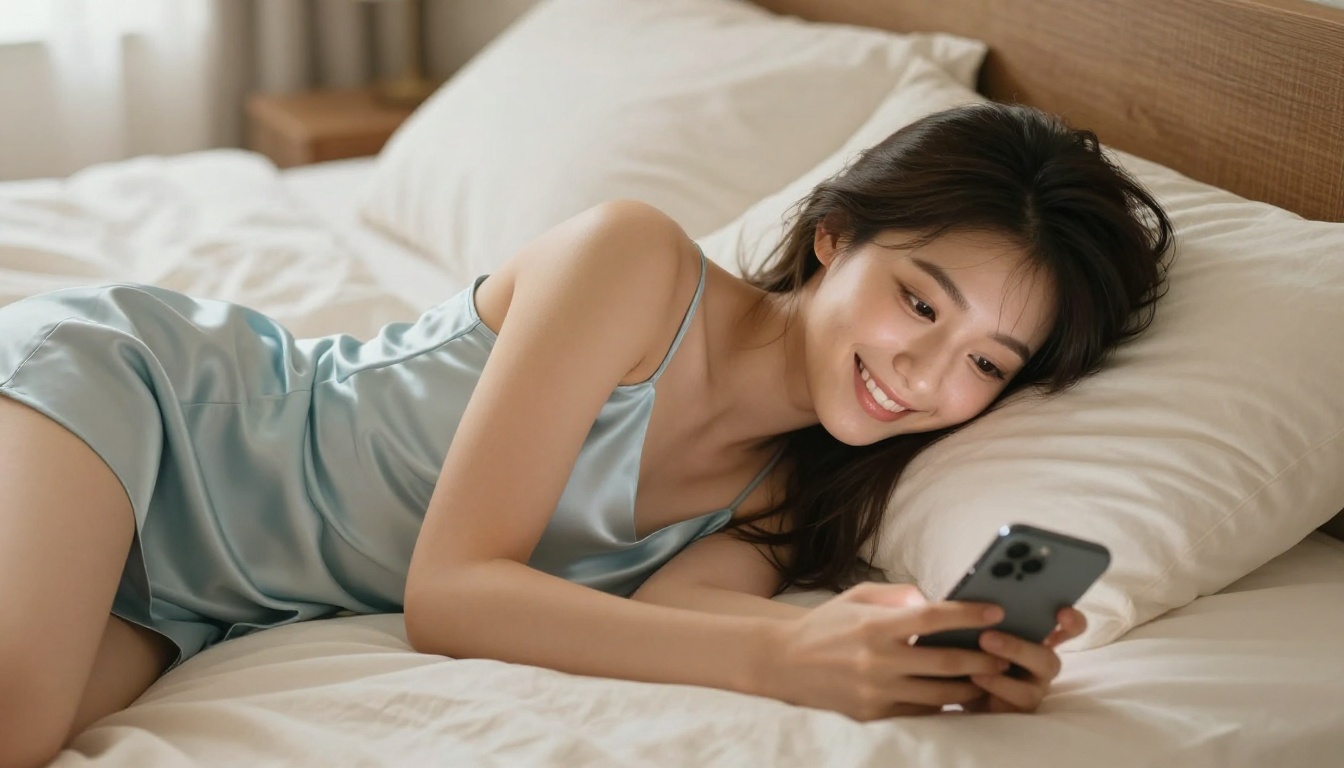 Woman relaxed and smiling at phone on bed Woman relaxed and smiling at phone on bed