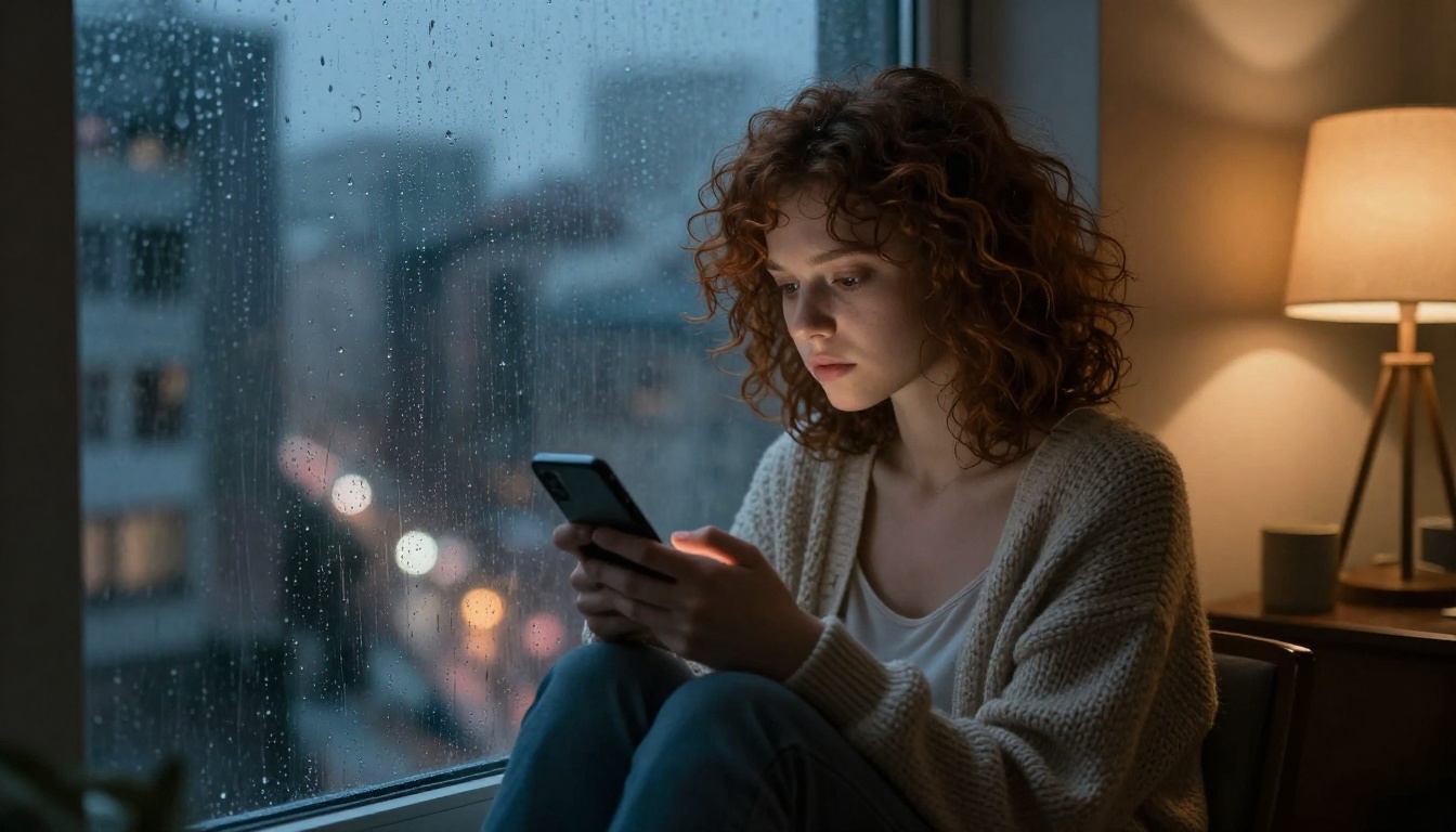 Woman gazing out a rain-streaked window at night Woman gazing out a rain-streaked window at night