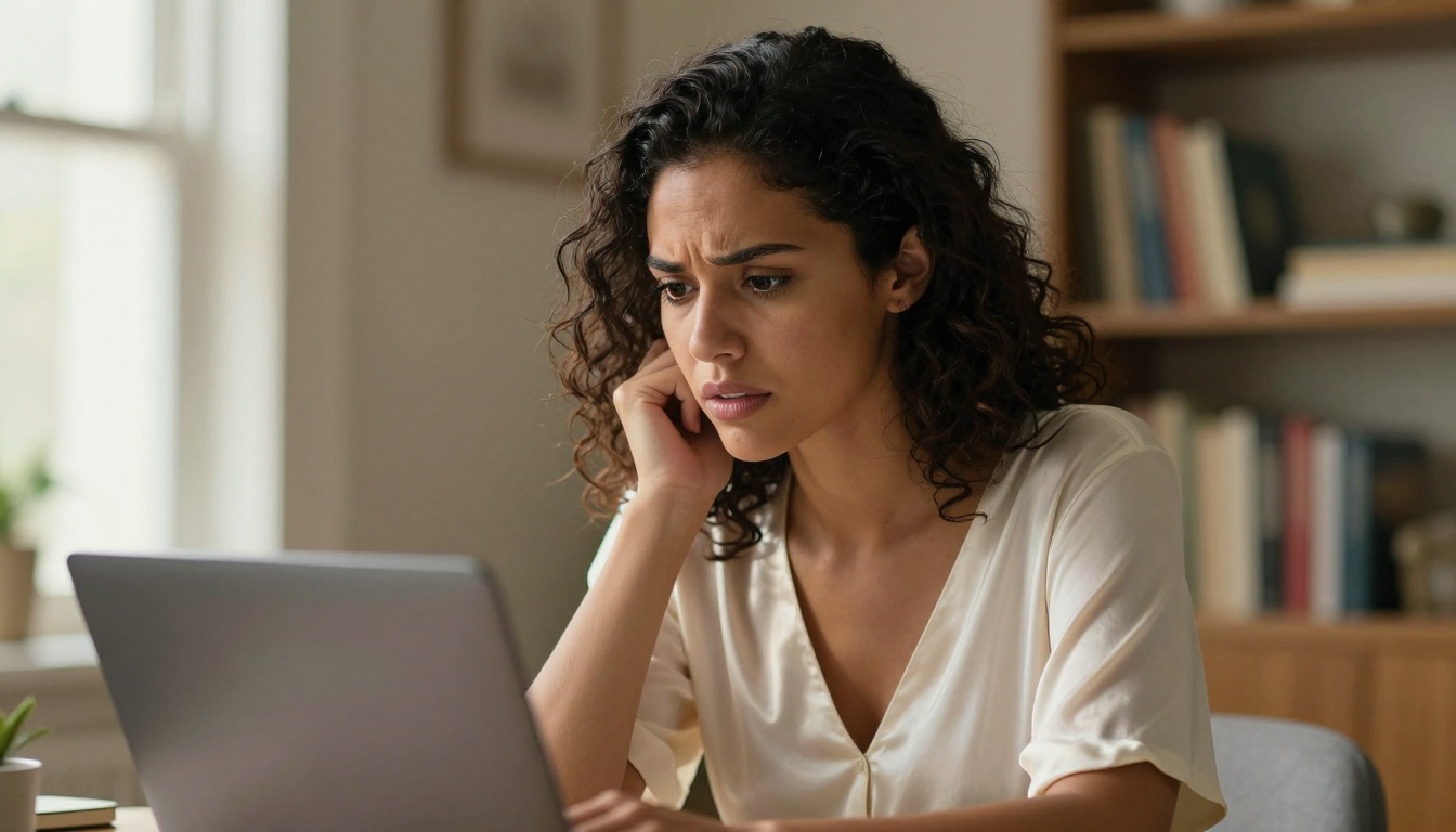 A frustrated woman looking at her laptop screen in a home office setting