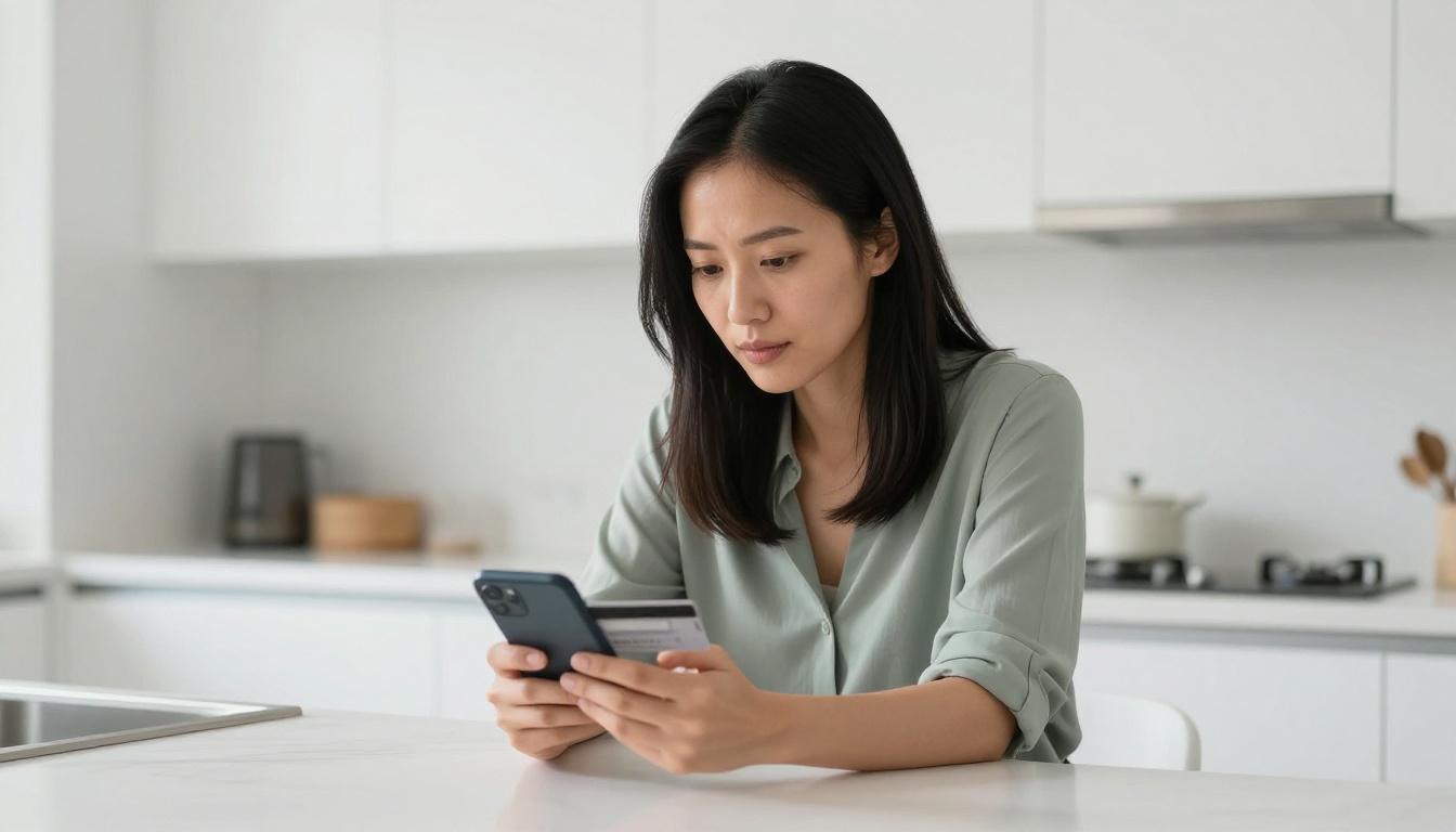 An Asian woman holding a credit card and phone at a minimalist kitchen counter