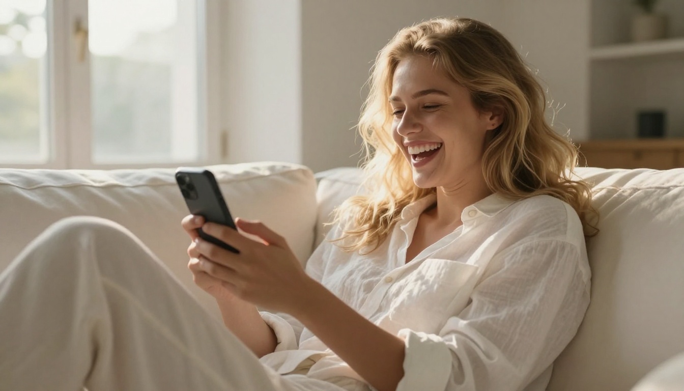 A woman laughing with relief while looking at her phone on a white couch