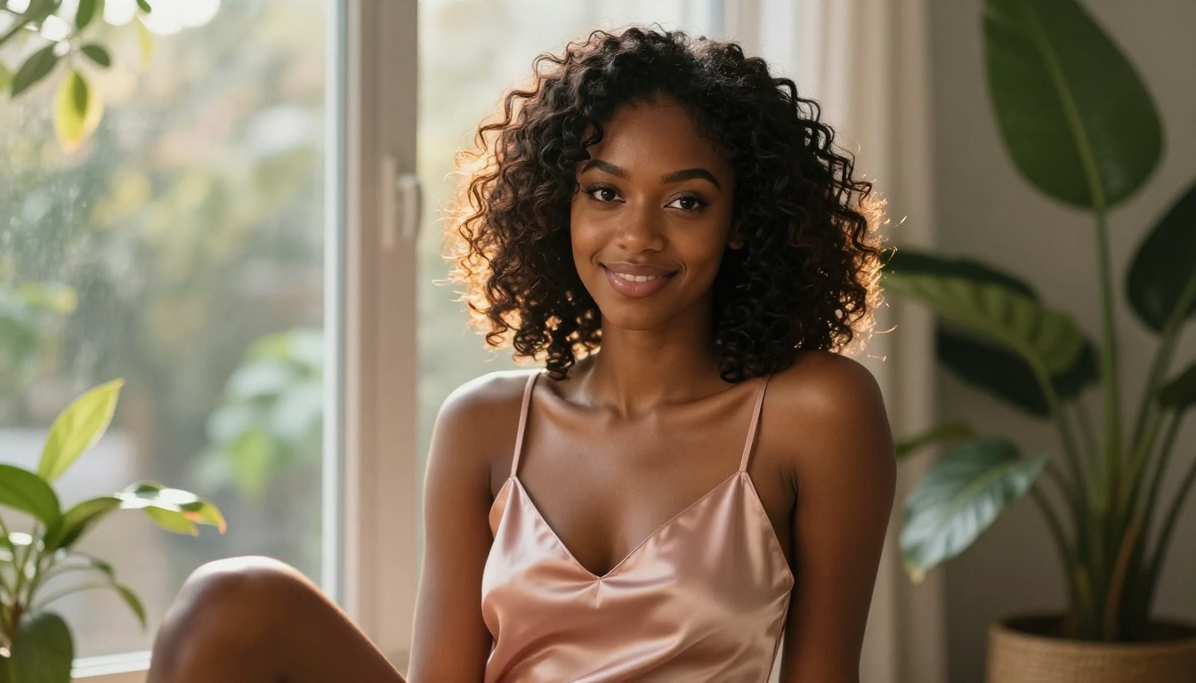 A stunning African American woman with natural curls and a confident warm smile