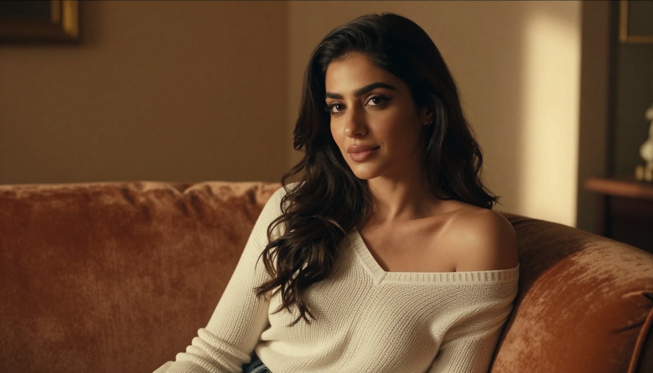 A beautiful Middle Eastern woman on a velvet couch with warm amber lighting