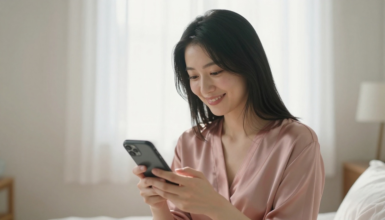 A Japanese woman in a cozy bedroom smiling warmly at her phone in soft morning light
