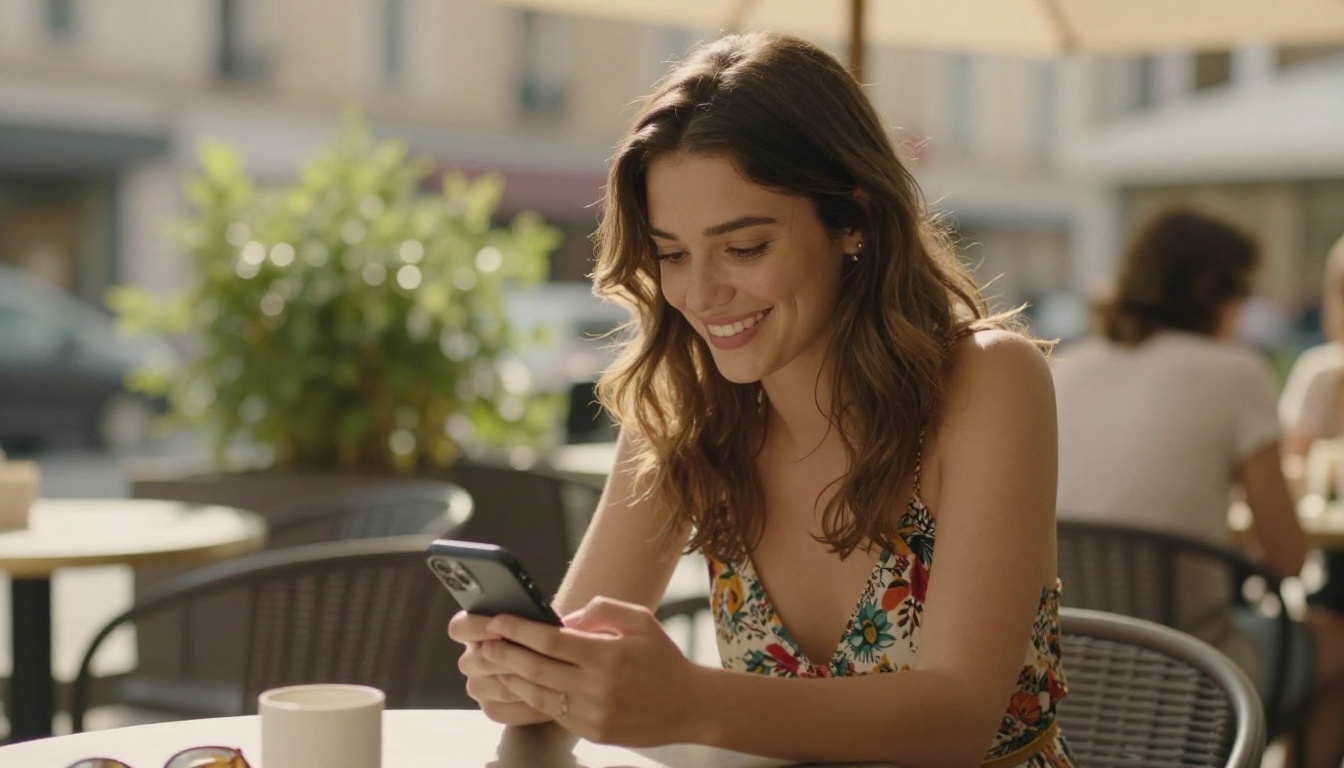 A young European woman smiling at her phone at a bright outdoor café table