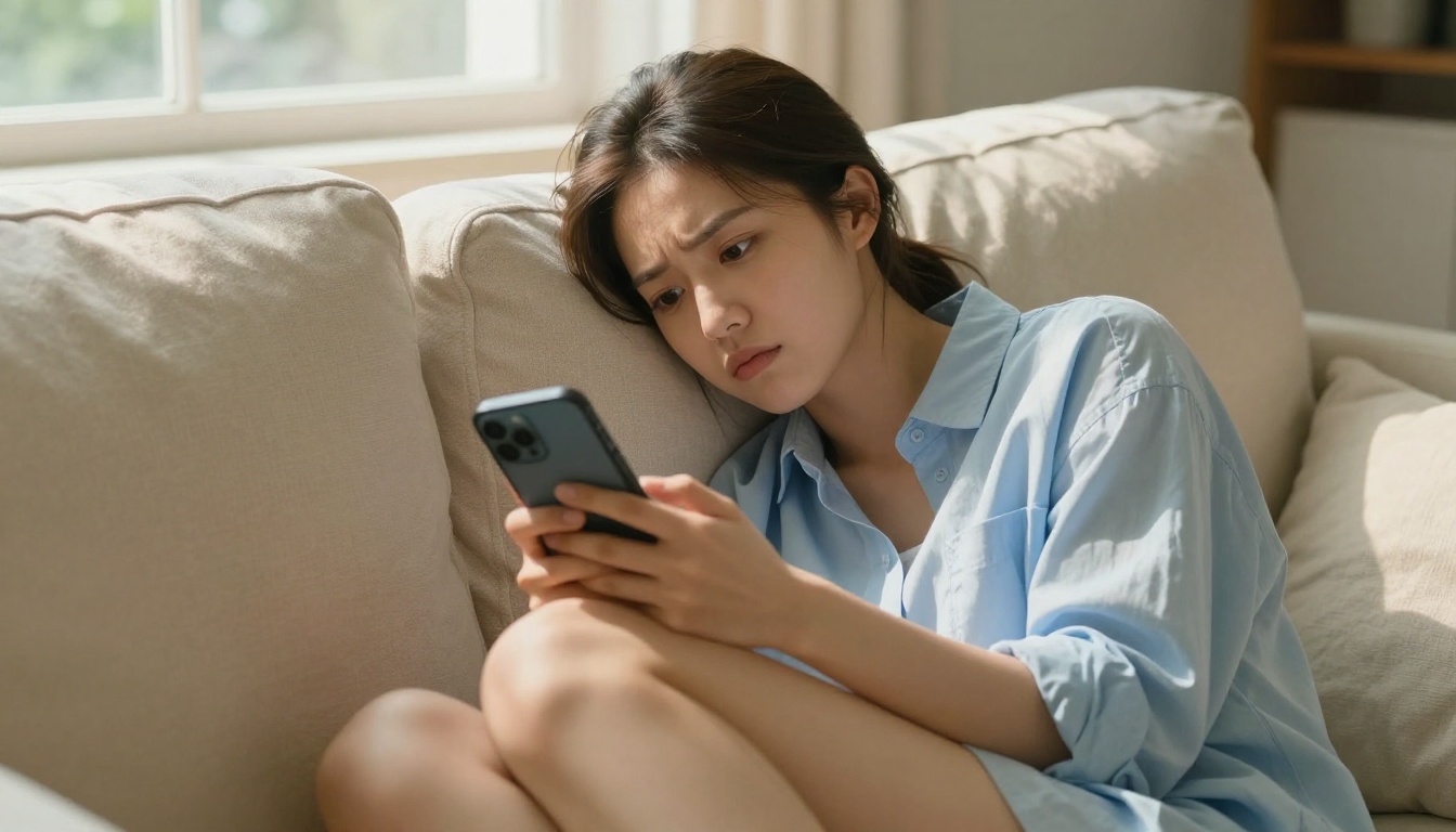 Woman looking skeptically at her phone app on a cream sofa