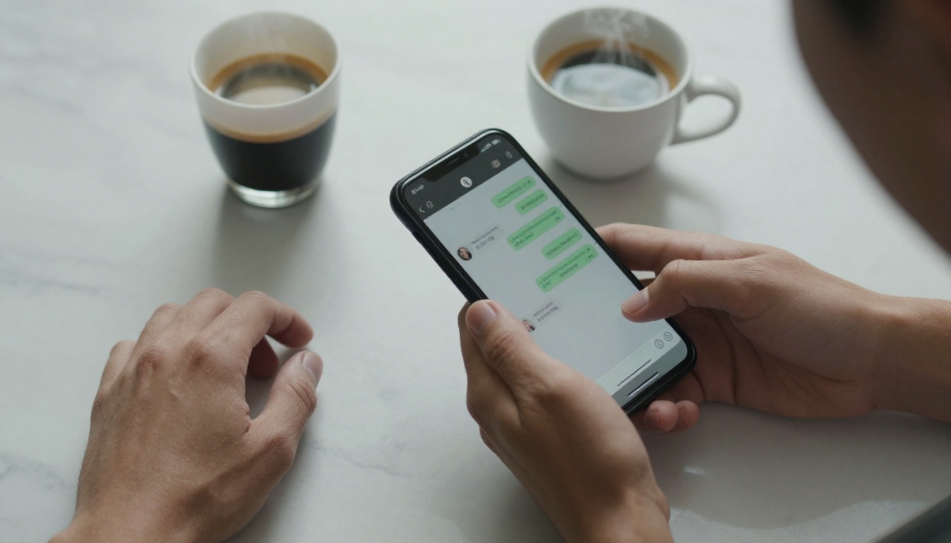 Aerial flat-lay of hands with phone and coffee on marble surface