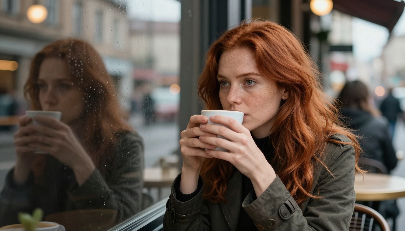 European woman with auburn hair at a rainy cafe window, thoughtful