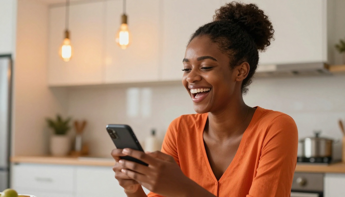 African American woman laughing openly and genuinely at her phone