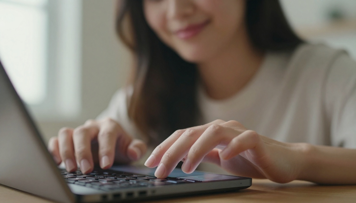 Woman's hands typing on phone with smiling face softly blurred in bokeh background