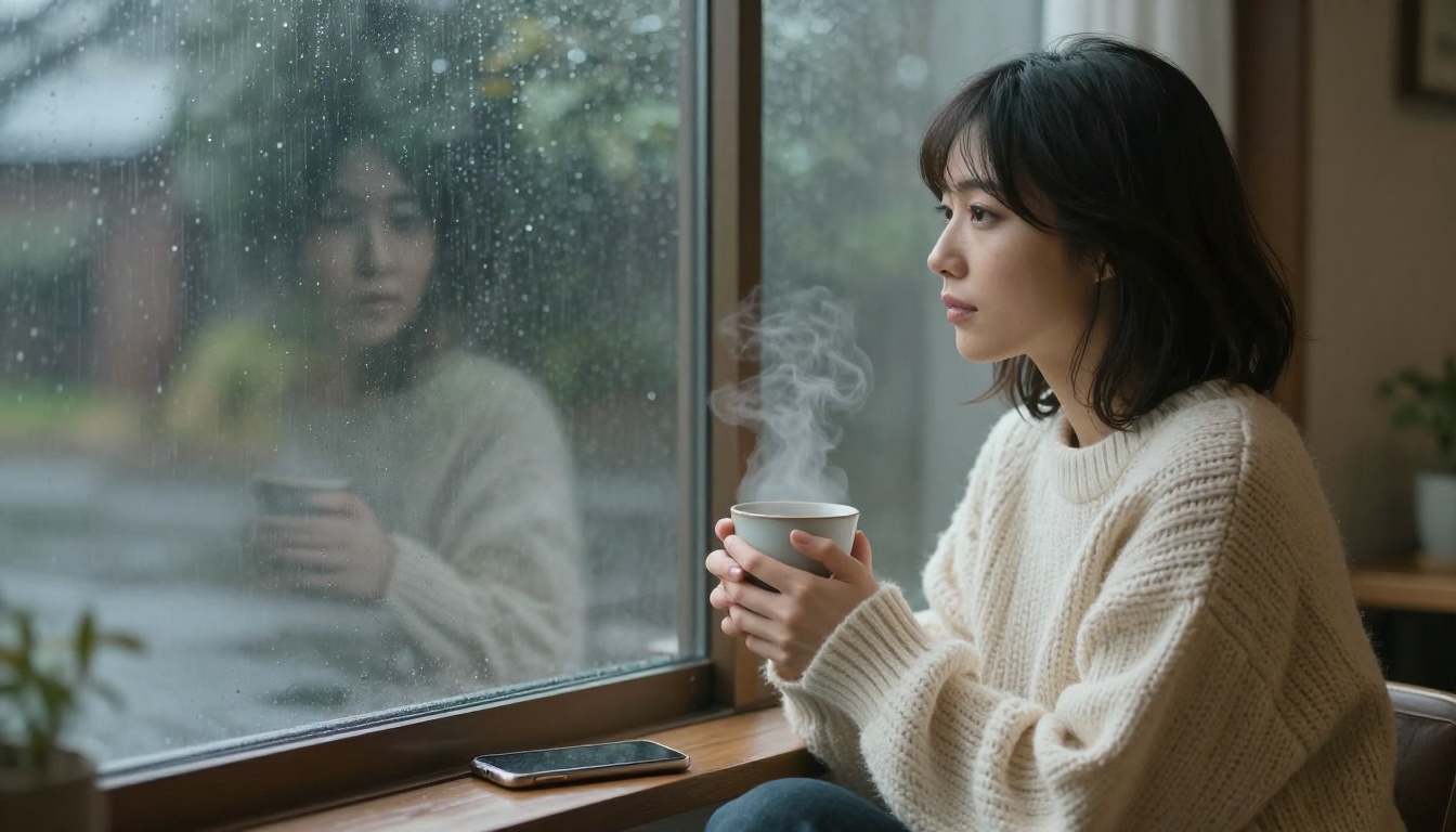 Japanese woman with tea by rainy window, wistful and reflective