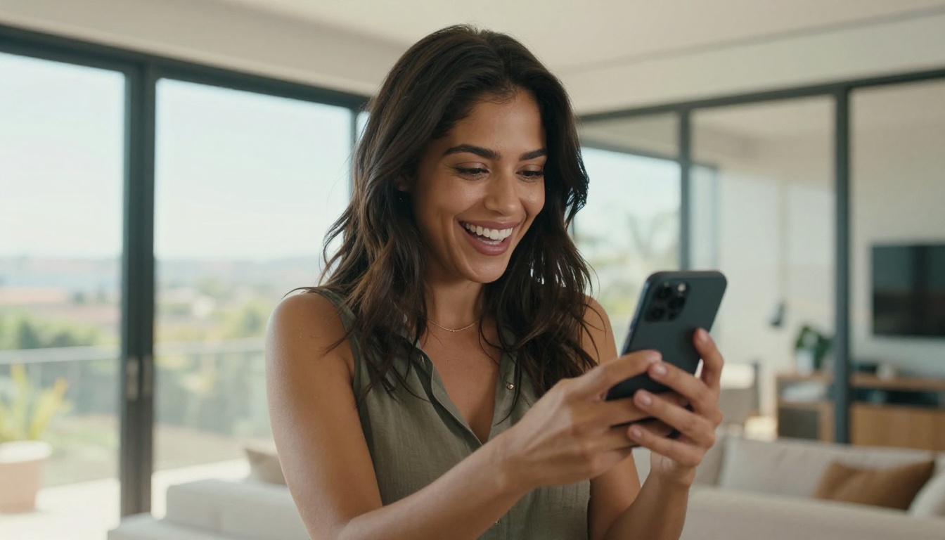Latina woman smiling with genuine excitement at her phone in sunny modern living room