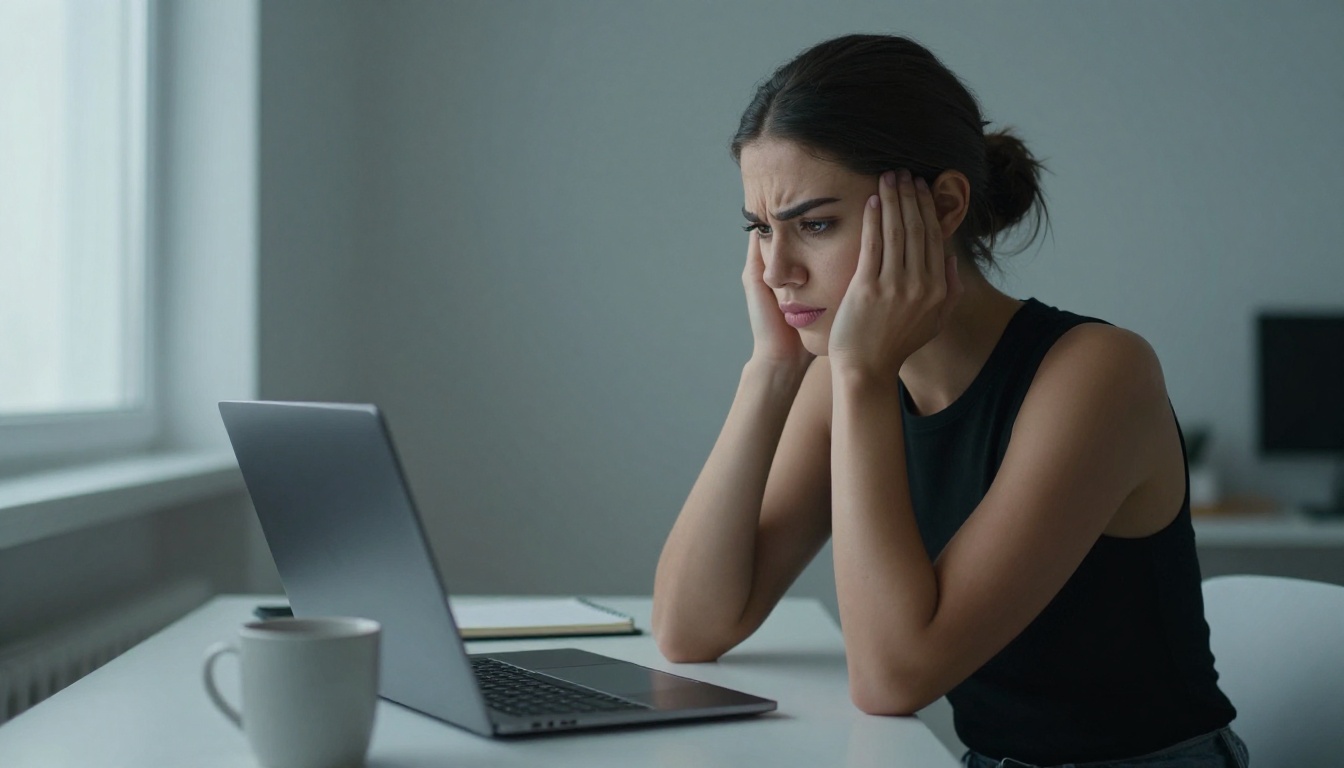 Woman looking frustrated at her laptop screen, experiencing Character.ai content filter restrictions